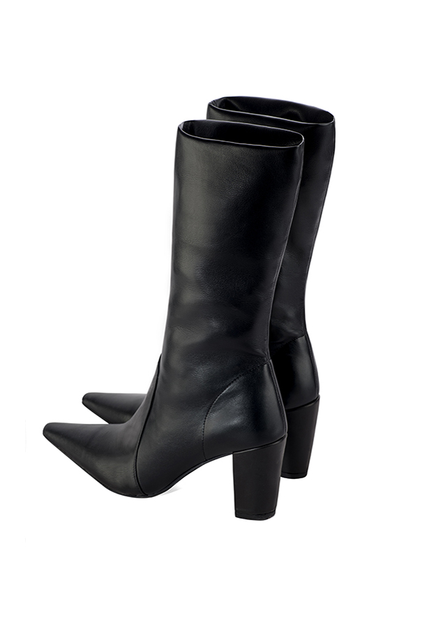 Satin black women's mid-calf boots. Tapered toe. High block heels. Made to measure. Rear view - Florence KOOIJMAN